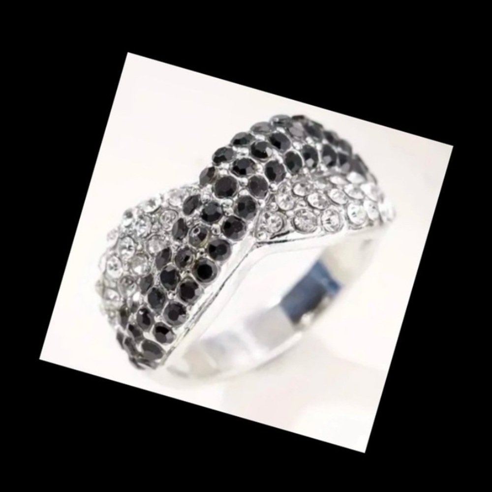 Silver Ring with Black and Clear Stones - Elegant Women's Band